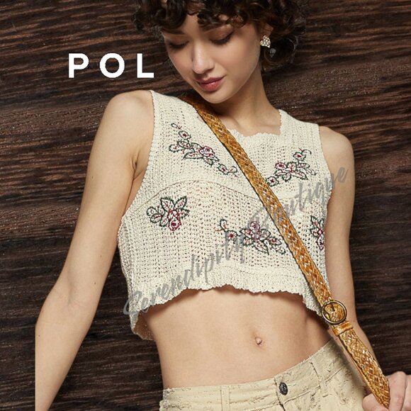 POL Crochet Delicate Floral Embroidered Soft Natural Open Knit Sleeveless Crop T - Picture 1 of 11